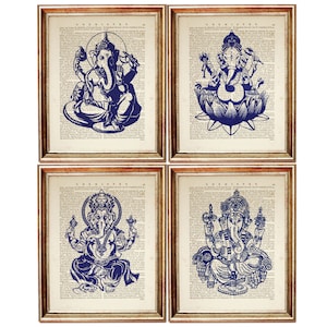 Cobalt Blue Ganesh Wall Decor, Set of 4 Prints, Ganesha Wall Art, Dictionary Art Print, Hindu Artwork Hindu God Wall Hanging