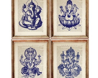 Cobalt Blue Ganesh Wall Decor, Set of 4 Prints, Ganesha Wall Art, Dictionary Art Print, Hindu Artwork Hindu God Wall Hanging