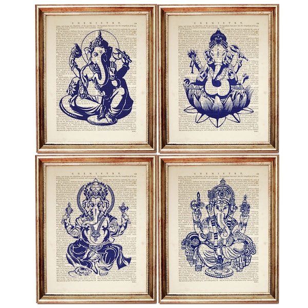 Cobalt Blue Ganesh Wall Decor, Set of 4 Prints, Ganesha Wall Art, Dictionary Art Print, Hindu Artwork Hindu God Wall Hanging