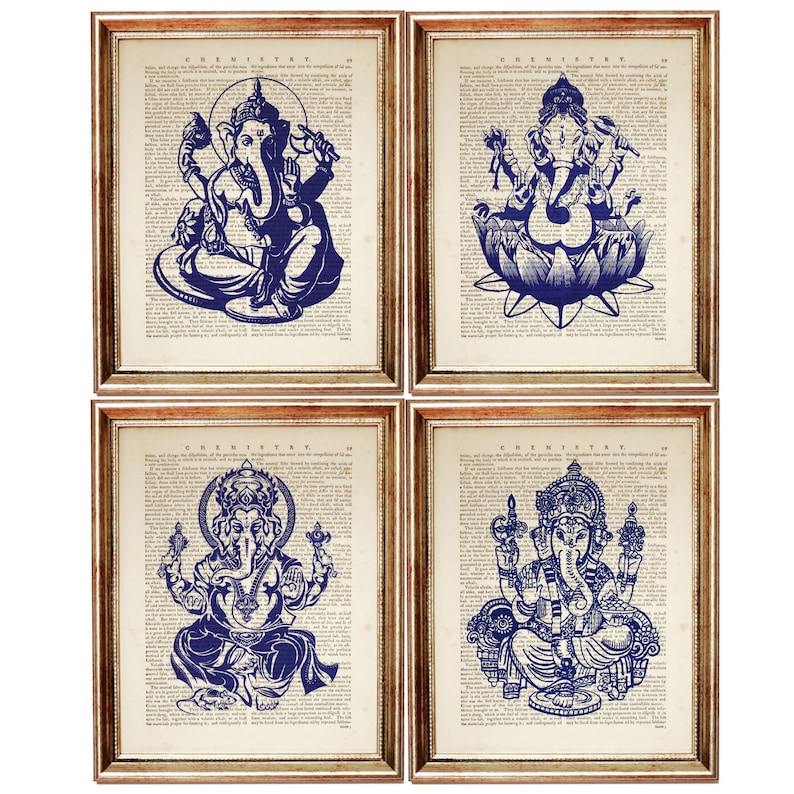 Kobaltblau Ganesh Wanddekor, 4er Set Drucke, Ganesha Wandkunst, Wörterbuch Kunstdruck, Hindu Kunstwerk Hindu Gott Wandbehang Bild 1