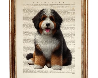 Impresión artística de diccionario de cachorros Bernedoodle, regalo para amantes de los perros, arte mural canino, impresión de página de libro vintage, retrato de Bernedoodle, decoración del hogar para mamás de perros