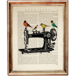 Página del diccionario de máquinas de coser, Impresión artística del diccionario de arte de máquinas de coser con pájaros, Decoración de pared con pájaros ingeniosos de Singers