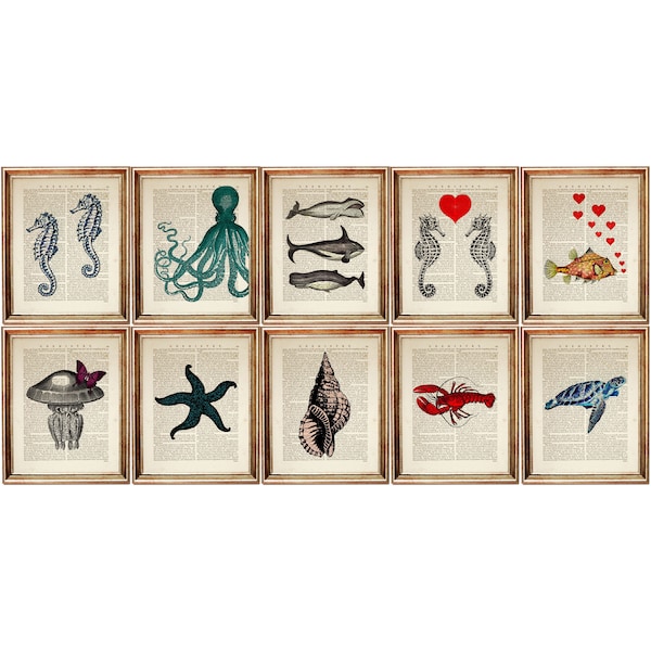 Set of 10 Wall Art, Sea Life Wall Art set, Octopus Poster, Sea Turtle Artwork, Lobster Art Print, fish Art for Wall, Ocean