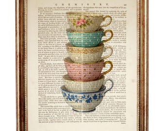 Teacup Tower Dictionary Art Print, Stacked Cups Wall Decor, Vintage Kitchen Wall Art, Tea Lover Poster
