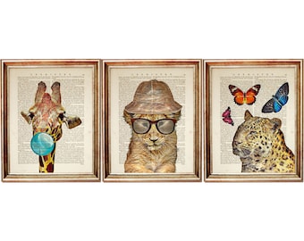 Juego de 3 láminas artísticas del diccionario de animales de safari: póster de jirafa con chicle, león con sombrero y gafas de sol, arte mural de leopardo, decoración infantil.