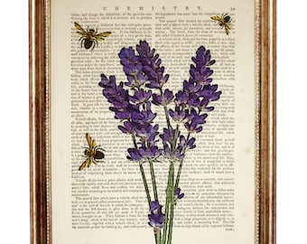 Lavender Art Print, Lavender Flowers with Bees, Dictionary Art Print, Bees with Lavender Wall Art, Book Page Art Poster