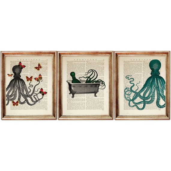 Christmas Gifts, Set of 3 Octopus Dictionary Art Prints, Sea Life Wall Decor, Quirky Bathroom Art, Octopus in Bathtub, Octopus Butterfly