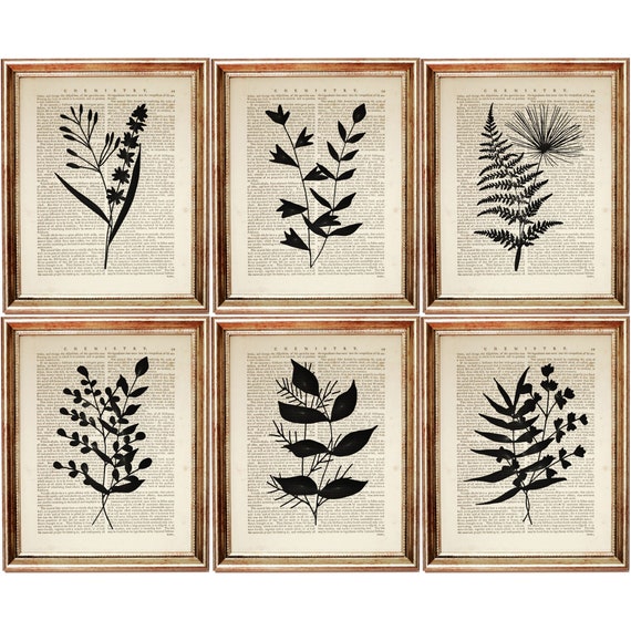 Set of 6 Prints, Botanical Silhouette Art Print Set, Leaf Vintage Dictionary Book Pages, Minimalist Nature Wall Decor