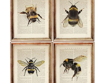 Set of 4 Prints, Bumble Bee Wall Art, Bumblebee Nursery Decor, Dictionary Art Print Set, Bee Book Page Art, Bumble Bee Art