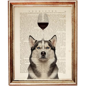 Impresión de perro husky con copa de vino, arte mural divertido de perro, obra de diccionario de husky siberiano, regalo para amantes de los perros, decoración de vinoteca, póster de cocina