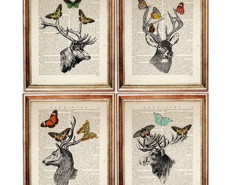 Set of 4 Deer with Butterflies Dictionary Art Prints, Woodland Animal