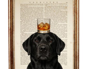 Stampa artistica con dizionario di Labrador nero, cane con bicchiere di whisky, arte murale vintage con cane, poster divertente di Labrador, arredamento per bar di casa