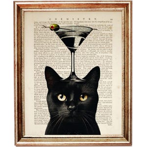 Chat noir avec art martini, impression d'art dictionnaire vintage portrait de chat, décoration murale chat drôle, cadeau amateur de cocktails, affiche d'art bar