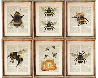 Bumble Bee Set of 6 Wall Art Prints, 10x8 Bee Dictionary Art, Honeycomb With Bees Poster, Buzzworthy Wall Decor, Bee Lover Gift 8x10 & 5x7