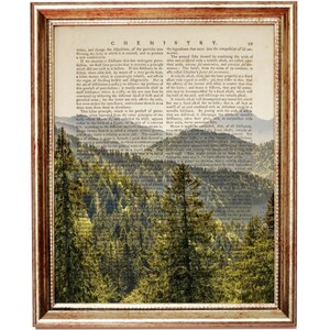 Puede incluir: Impresión enmarcada con una página vintage titulada "CHEMISTRY" y un paisaje de montañas y árboles de hoja perenne. El marco tiene un tono dorado cálido. La obra de arte combina texto científico con una escena natural.