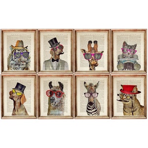 8er-Set Prints, Lustige Tierkunst-Drucke, Tierkinderzimmer-Wanddeko, Katze mit Hut-Poster, Hund mit Fliege-Wörterbuchkunst
