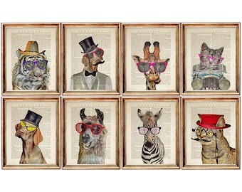 Set of 8 Prints, Funny Animal Art Prints, Animal Nursery Wall Decor, Cat with Hat Poster, Dog with Bow Tie Dictionary Art