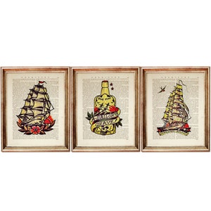 Set of 3 Prints, Sailor Jerry Wall Art Set, Flash Tattoo Poster, Sailor Jerry Dictionary Art Print Set, Tattoo Flash Wall Art