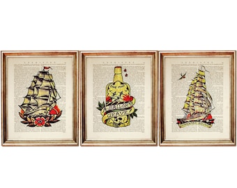 Set of 3 Prints, Sailor Jerry Wall Art Set, Flash Tattoo Poster, Sailor Jerry Dictionary Art Print Set