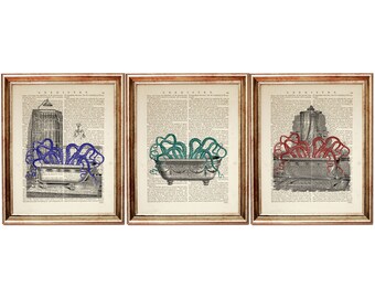 Juego de 3 láminas artísticas de pulpo para bañera, arte mural original para baño, póster de diccionario vintage, decoración de tentáculos coloridos, decoración de baño maximalista