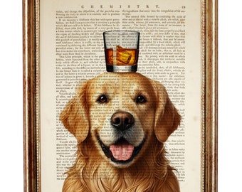 Golden Retriever with Whiskey Glass Art Print, Dog Portrait Vintage Dictionary Page. Funny Dog Wall Decor, Bar Wall Art