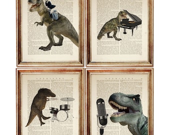 Set of 4 Funny Dinosaur Dictionary Art Prints, Quirky T-Rex Wall Decor, Musician Dino Artwork, Vintage Science Book Art