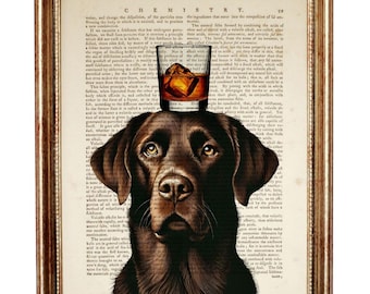 Labrador with Bourbon Dictionary Art Print, Dog Portrait with Whiskey Wall Art, Pet Wall Decor, Labrador Gift, Bar Art
