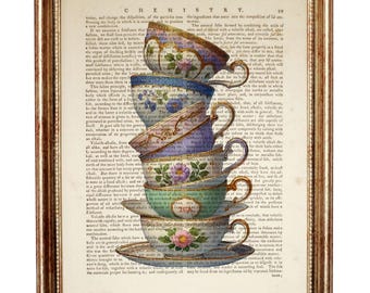 Tea Cups Dictionary Art Print, Vintage Kitchen Wall Decor, Tea Lover Gift, Rustic Teacup Artwork, Shabby Chic Home Decor
