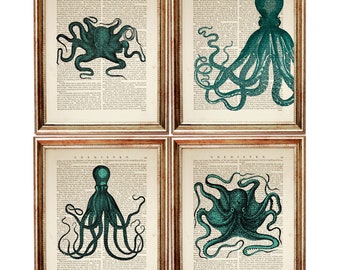 Set of 4 Prints Octopus Artwork, Sea Life Dictionary Art Print, Turquoise Octopus Wall Art, Ocean Life Poster, Under Water