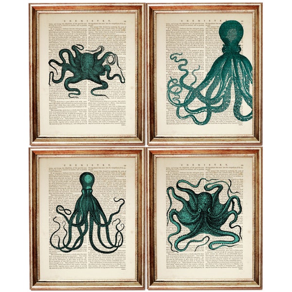 Set of 4 Prints Octopus Artwork, Sea Life Dictionary Art Print, Turquoise Octopus Wall Art, Ocean Life Poster, Under Water