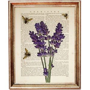 May include: A vintage book page with a botanical illustration of lavender flowers in shades of purple and green. The page is surrounded by a gold frame and features small bees flying around the flowers. The text on the page is from a book on chemistry.