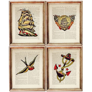 Set di 4 stampe Stampa artistica di Sailor Jerry, set di stampe artistiche di Sailor Jerry Dictionary, poster di tatuaggi flash, stampa di tatuaggi da parete