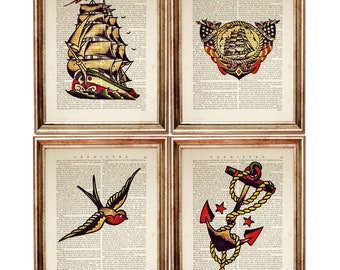 May include: Set of four vintage nautical themed illustrations printed on antique book pages. The illustrations include a ship with sails, an anchor with rope, a swallow bird, and a ship with an American flag.