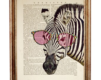 Zebra with Glasses Art Print, Zebra Wall Art, Funny Animal Prints, Zebra with Sunglasses Dictionary Art Print, Zebra Poster