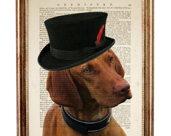 Stampa artistica di un cane Vizsla con cappello a cilindro, poster con ritratto di un animale domestico, pagina del dizionario