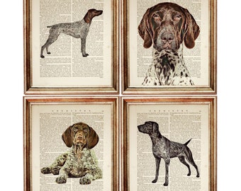 Set of 4 Prints, German Shorthaired Pointer Dictionary Art Prints, GSP Artwork Poster, Dog Book Page, Animal Portrait Decor