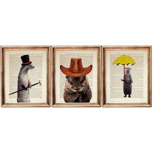 Set of 3 Prints, Otter Print Set, Otter with Hat Dictionary Art Print, Otter with Umbrella Wall Hanging, Otter Poster, Otter