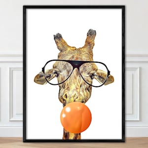 Impresión de animales de safari, arte de pared de jirafa con gafas, póster de jirafa con chicle, retrato divertido de animal, arte pop, decoración de pared para habitación infantil