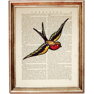 Sailor Jerry Print, Sailor Jerry Flash Tattoo Dictionary Art Print, Colorful Swallow Bird Book Page Poster, Vintage Artwork