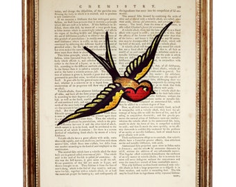 Sailor Jerry Tattoo Art Print, Colorful Swallow Flash Tattoo Poster, Dictionary Wall Art, Traditional Tattoo Decor, Sailor Jerry Gift