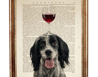 Englisch Setter Mit Weinglas Wörterbuch Kunstdruck, Wein Liebhaber Kunst, Küchen Poster, Bar Wand Dekor, Hunde Liebhaber Geschenk
