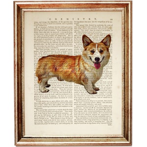 May include: A framed print on antique paper shows a detailed illustration of a Corgi dog. The dog is depicted with its tongue out, set against a backdrop of old text, with the word "CHEMISTRY" at the top.