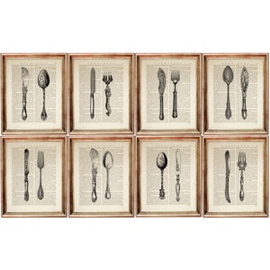 May include: Set of eight vintage-style prints featuring black and white illustrations of various silverware, including forks, knives, and spoons, on a background of old book pages.