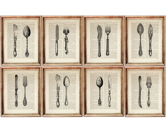 Set di 8 stampe di posate vintage, arte rustica da cucina, argenteria antica