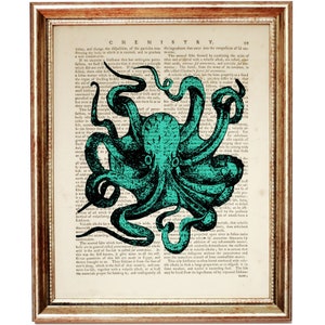 Stampa artistica del dizionario di polpo, stampa artistica da parete di polpo turchese, stampa artistica di polpo, decorazione da parete di polpo, poster della vita sottomarina