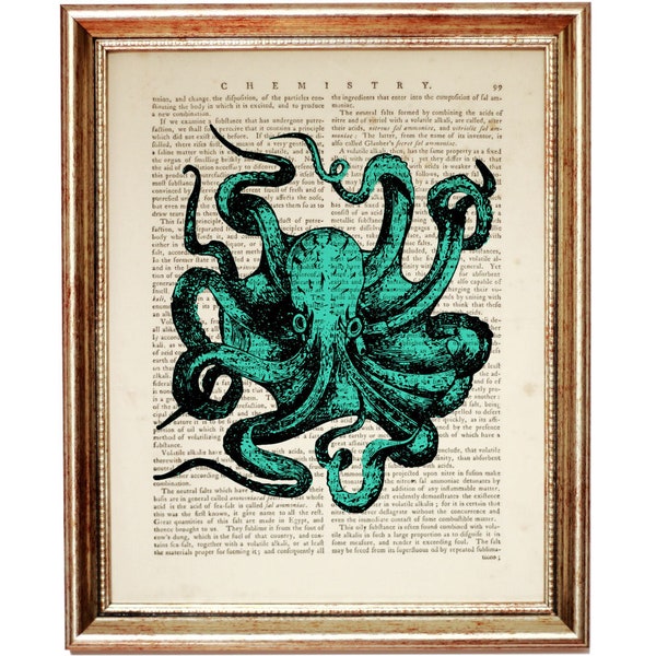 Turquoise Octopus Wall Art, Octopus Dictionary Art Print, Octopus Art Print, Octopus Wall Decor, Underwater Life Poster