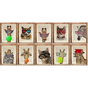 10er Set Prints, Kinderzimmer Tierposter, Katzenportrait mit Sonnenbrille, Wörterbuch Kunstdruck, Giraffe mit Brille Wanddeko, Zebra Poster