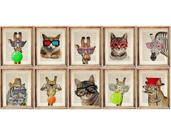 Set of 10 Prints, Nursery Animal Poster, Cat Portrait with Sunglasses Dictionary Art Print, Giraffe with Glasses Wall Decor