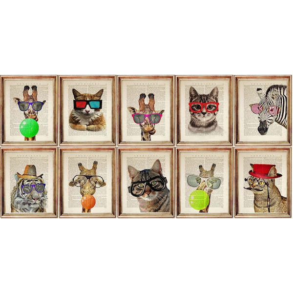 Lot de 10 impressions représentant des animaux dans des lunettes de soleil, des oeuvres d'art animalières amusantes, un chat avec des lunettes et un poster zèbre, des cadeaux de Noël