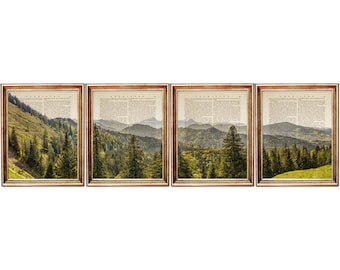 Juego de 4 láminas artísticas de paisajes forestales, decoración de pared con árboles, estilo diccionario vintage, regalo para amantes de la naturaleza y el aire libre.